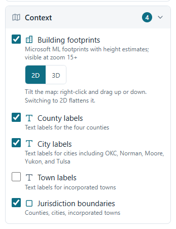 The Context group with County labels, City labels, and Town labels checkboxes